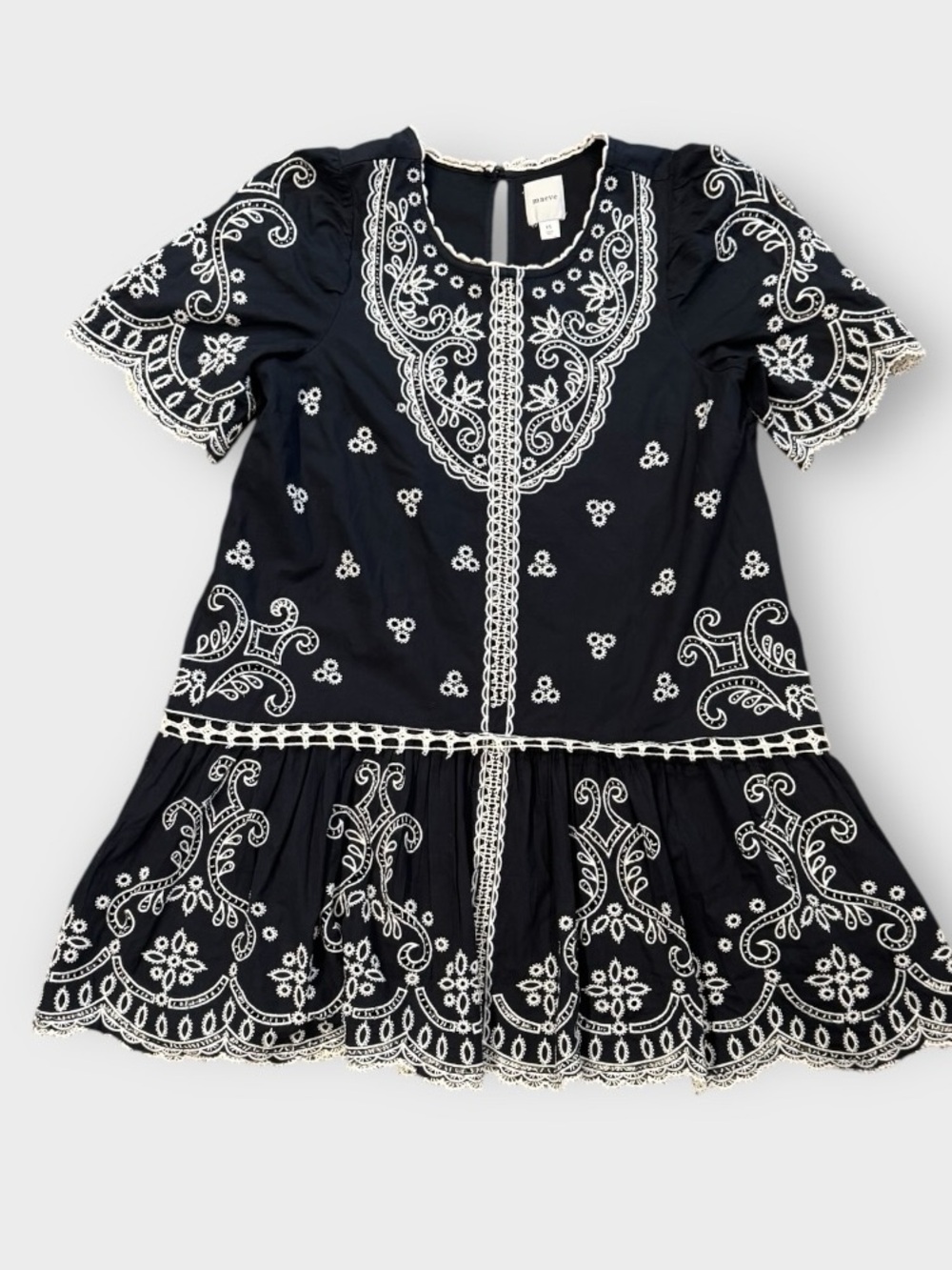 Anthropologie Maeve Embellished Cotton Lace Mini Dress XS Black Ivory Embroidery